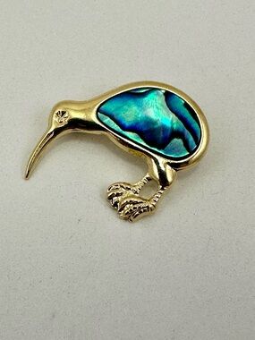 Gold Plated Kiwi Bird Brooch with Paua Shell Inlay